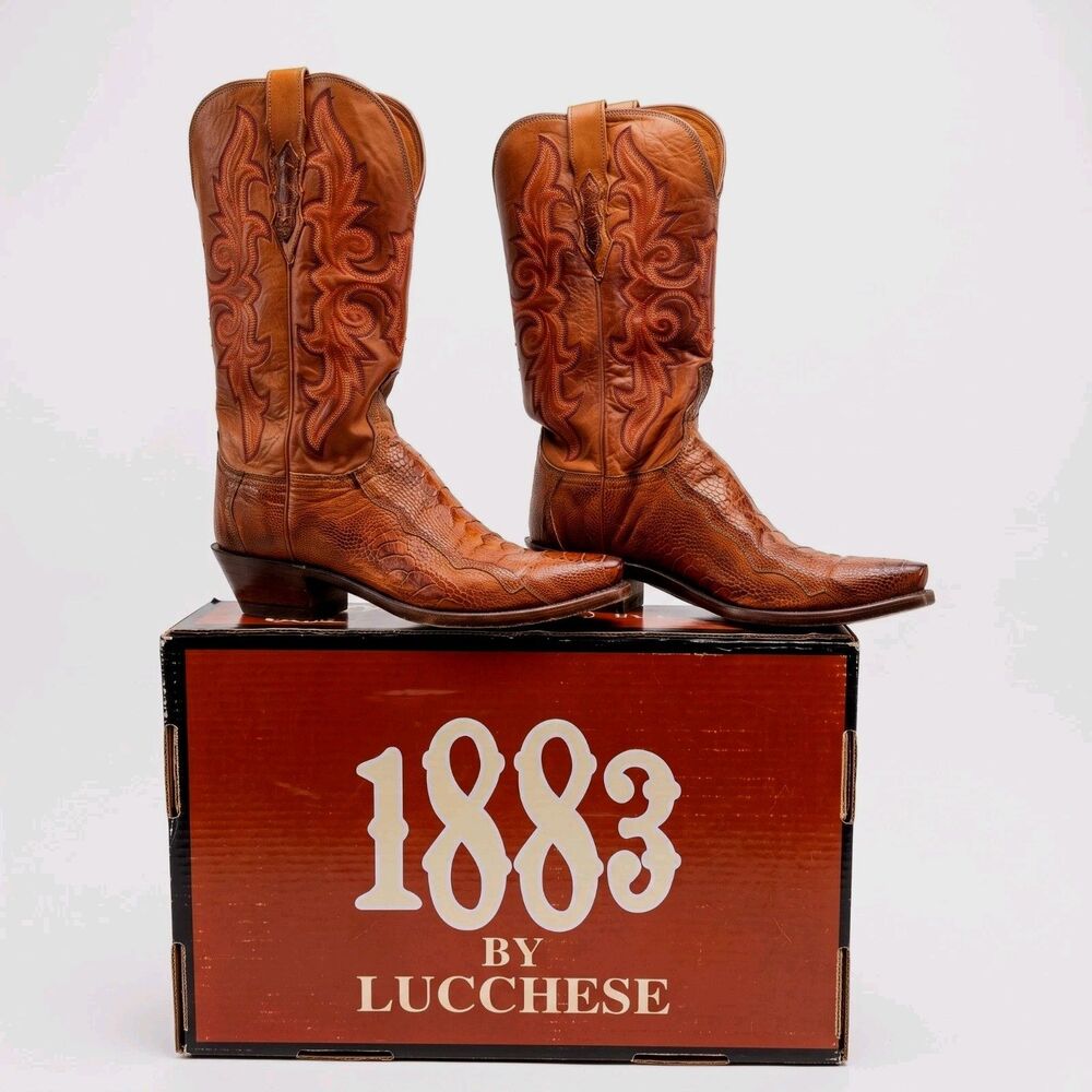 Lucchese Womens Western Boots 8 C Ostrich Leg Cognac Burnished Brown Snip Toe